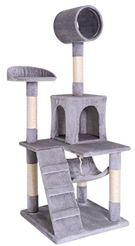 lionto Scratching tree for cats with hammock & tunnel, height 133 cm, cat tree with sisal rope & soft plush, cozy lying areas & caves, suitable for small & large cats, light grey