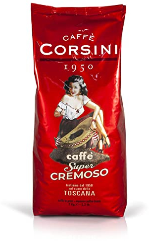 Café Corsini en Granos, Súper Cremoso. Envase de 1 kg. Selección de granos para un café fuerte y de una agradable cremosidad
