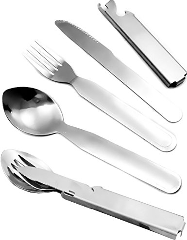 OUTDOOR SAXX 5-in-1 Camping Reise-Besteck, Messer Gabel Löffel Dosen-Öffner Flaschen-Öffner, Edelstahl