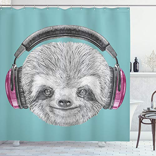 ABAKUHAUS Faultier Duschvorhang, DJ Sloth Kopfhörer, mit 12 Ringe Set Stielvoll Modern, 175x200 cm, Teal Grau Fuchsia
