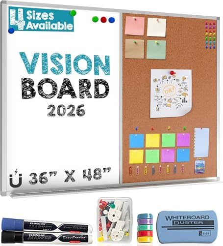 White Board and Cork Board Combo (36x48) Vision Board for 2025 - Half Bulletin Corkboard with Dry Erase Whiteboard Combination for Office or Home, Memo Board