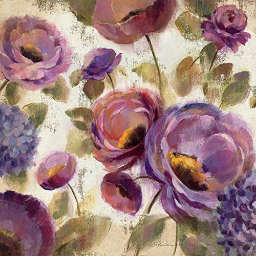 STAMPA-SU-TELA-INCORNICIATA-Vassileva-Silvia-Cm_63_X_63-Blu-e-viola-Flower-Song-II-fiori-fiori-giardino-mazzo-viola-papaveri-papavero-ortensie-peonia-peonie-steli-foglie-di-melanzane--Quadro