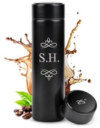 Maverton Thermobecher Kaffeebecher 450 ml - Isolierbecher personalisiert - 100% dicht - Led Temperatur Anzeige - aus Edelstahl - Weihnachtsgeschenke - Geschenk für Frauen - schwarz - Initialen