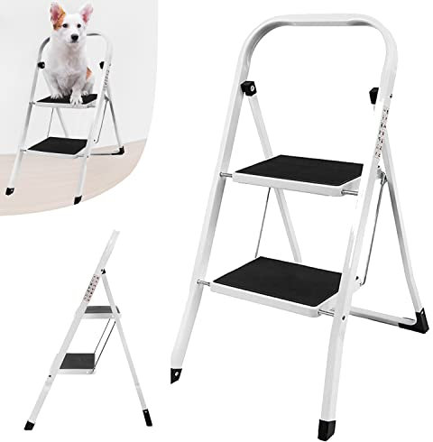 Escabeau 2 marches, Échelle Domestique Escabeau Pliable Acier Design, Escabeau Portable Marchepied Petit Escabeau de Service | 150 kg Charge Max. | Hauteur 78,5 cm