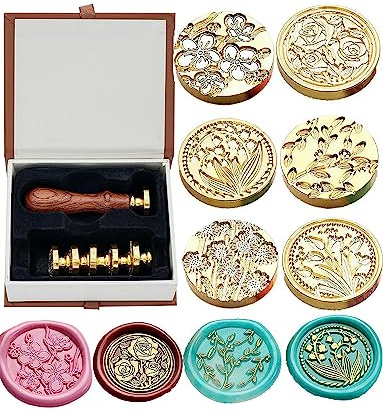 JUPPE 6pcs Flower Wax Seal Stamp Set, Cherry Blossom Rose Bell Orchid Branches Tulip Various Flowers Sealing Wax Stamp for Wedding Invitation, Envelopes, Party, Birthday, Christmas Card, Gift Wrap