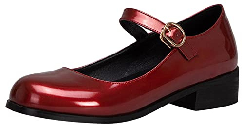 Lizoleor Mary Janes Escarpins Femme Talon Carré Moyen Bout Rond Bride Cheville Classique Vernis