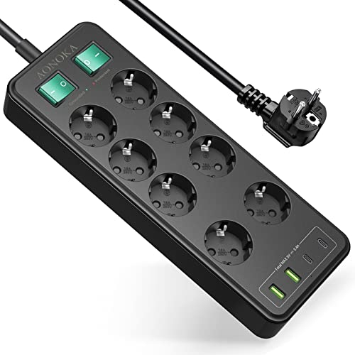 Regletas Enchufes con 2 Interruptores Individuales, 8 Tomas Regleta Enchufes Proteccion Sobretension Alargador Enchufe Multiple 2 USB-A en 2 USB-A Cargador Rápido Montaje en Pared 1.5m Cable,Negro