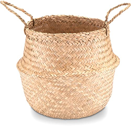 Decorasian Bauchkorb, geflochten aus Seegras groß und klein - Korb Übertopf in Stroh bzw. Bast Optik - Seegraskorb mit Henkel zum Tragen - 30cm