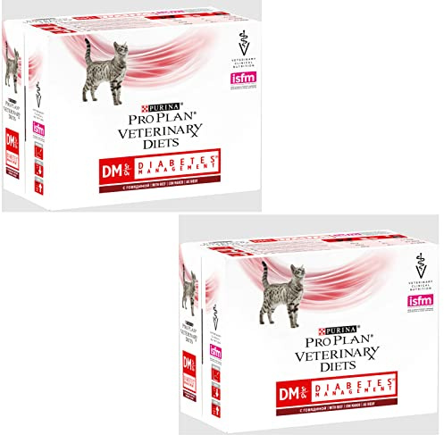 Purina Pro Plan Veterinary Diets DM Diabetes Management Boeuf | Double Pack | 2 x 10 x 85 g | Aliment diététique Complet pour Chats | pour la régulation de la glycémie