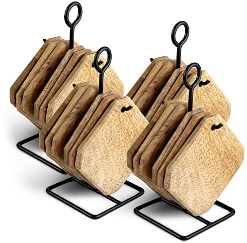 Novaliv Juego de posavasos de madera, 4 unidades, posavasos de cristal con soporte, posavasos de madera, 11,5 x 11,5 x 1 cm, posavasos de madera para vasos, café, cerveza, vino, botellas de cristal,