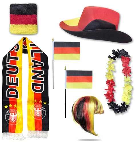Sonia Originelli Fanset Fanartikel Fanhut Blumenkette Fanschal Schweißband Fähnchen Perücke WM EM Farbe: Deutschland Bob