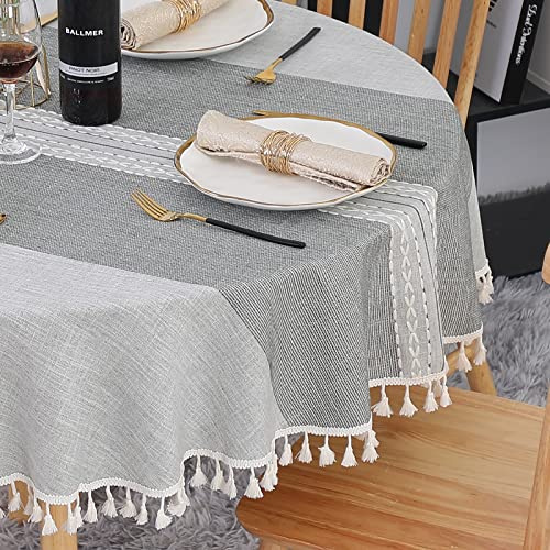 SUCHDECO Leinen Tischdecke Rund 120 cm Abwaschbar Baumwolle Tischtuch Knitterfrei Staubdicht mit Quasten Streifenstickerei für Küche, Esszimmer, Esstisch, Couchtisch, Gartentisch, Grau