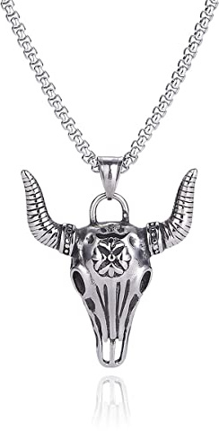 RobertDTesta Colgante De Acero Inoxidable con Cabeza De Toro para Hombre, Collar con Colgante De Cabeza De Toro De Moda Vintage,Plata,60cm