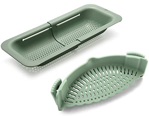 Domonic Home Scolapasta sopra il lavello della cucina, colino pieghevole e colino a clip per pentole, risciacquo - scarico - asciutto, estensibile 36,8 - 49,5 cm, resistente al calore, verde