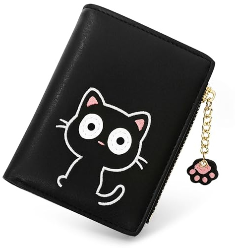 SNCCJ Klein Portemonnaie Damen,Bifold Leder Süß Geldbörse Mädchen Teenager (Katze Schwarz)