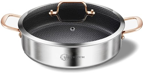 LOLYKITCH 6 Quarts Hybrid Tri-Ply Stainless Steel Sauté Pan with Lid,Induction Large Skillet, Jumbo Cooker,Dishwasher & Oven Safe
