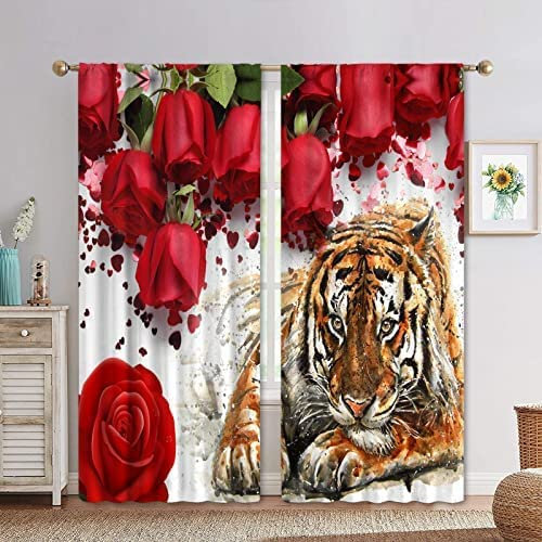 Vorhang Blickdicht Gardinen Mit Ösen - 2 Stücke 280(B) X250(H) cm Verdunklungsvorhänge 3D Rote Rose Tier Tiger Muster Thermovorhang Für Kinderzimmer Schlafzimmer Weihnachtsgardinen