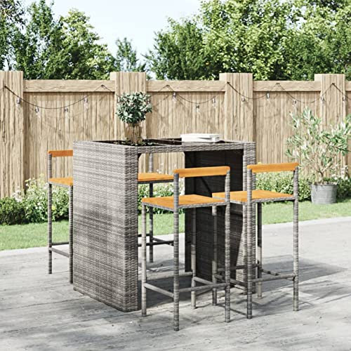 Homgoday Hochhocker, 4 Stück, Akazienholz und synthetisches Rattan, Grau, Barhocker, Küchenstuhl, Esstisch, Stehhocker, für Wohnzimmer, Küche, Möbel, Dekoration, Pub, Stuhl Typ 1