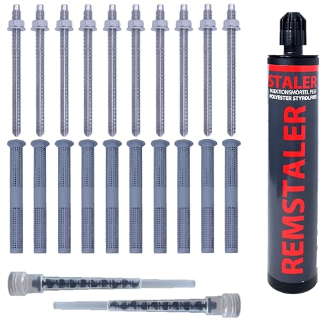 1x Remstaler INJEKTIONSMÖRTEL + ANKERSTANGE + SIEBHÜLSE im SET | Stahl verzinkt o. Edelstahl A4 | Verbundmörtel | Montagemörtel | -HÖCHSTE QUALITÄT- (Verzinkter Stahl, M12x160 / SH 16x85)
