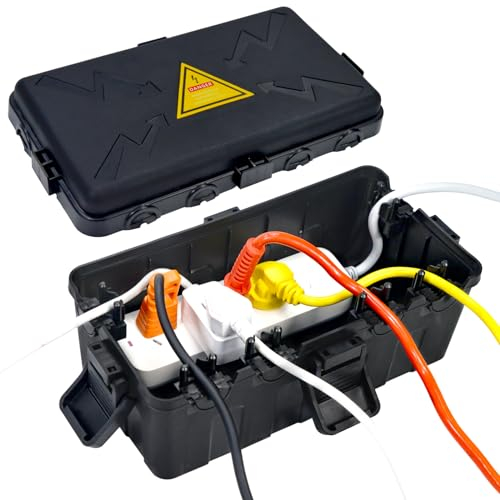 Hrensaw Medium Outdoor Electrical Box(10.6x5.5x4.5in), Weatherproof Connection Box w/6 Cable Entry, IP54 Waterproof Extension Cord Cover Protect Power Strip,Timer,Socket,Plug,Holiday Lights,Black