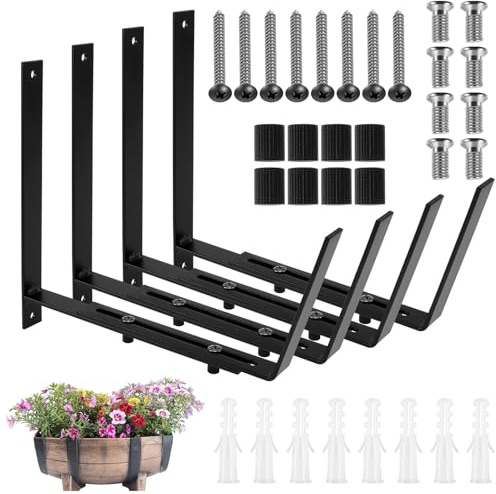 4Pcs Window Box Brackets Adjustable Planter Box Bracket Heavy Duty Iron Flower Box Holder Wall Mount Flower Box Bracket for Railings Deck Windowsills Garden Fences Patio Balconies