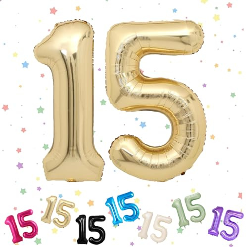 Ballons Anniversaire 15 Or Clair, Foil Ballon Numéro Chiffre 15, 101cm Or Blanc Hélium Ballon 15. Anniversaire, Décoration Ballons 15 Ans pour Garçons Filles Anniversaires Fête Deco, Gonflable Hélium