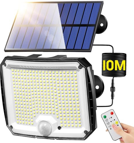 Faretto Led da Esterno Solare, 318Led/5Modes/10M Faro Led Esterno con Pannello Solare,Telecomando/8-12 Ore Di Utilizzo/IP65 Luci Solari Da Giardino, Lampade Solari da Giardino,Garage,Ingresso,Tettoia