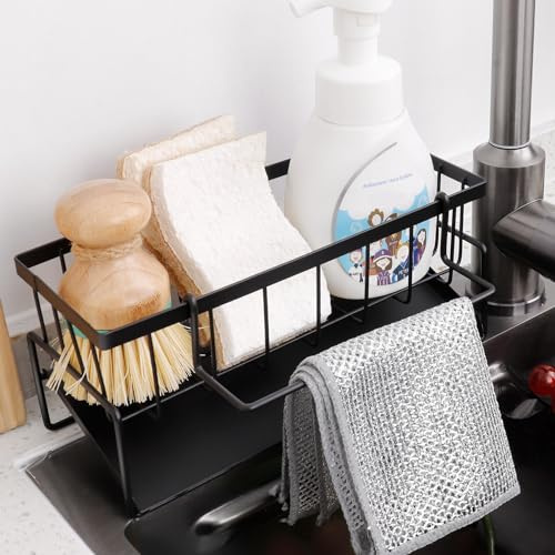 GSrenyu Kitchen Sink Caddy Organizer, Kitchen Organiser, Washing up Organiser with Drip Tray, Sink Organizer with Towel Rack, For Storing Dish Cloths, Sponges, Soap and Brushes (Black)