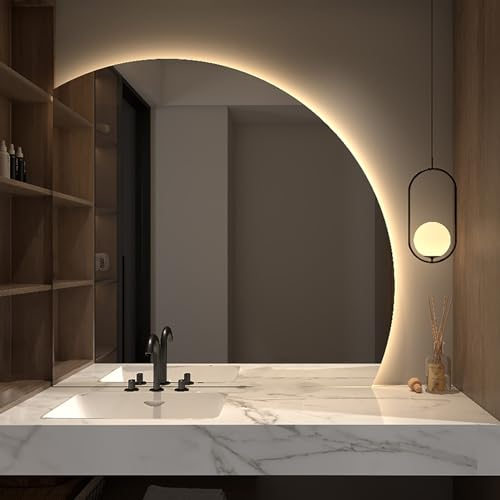 OUHENYUAN Specchio Vanity Retroilluminato a Mezzaluna, Specchio da Bagno Intelligente a LED 100cm, Specchio da Parete Luce a 3 Colori Antiappannamento, Antideflagrante, Interruttore Tattile(Right cut,
