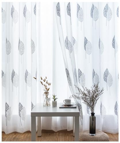 Beydodo Gardinen Küche Lichtdurchlässig, Vorhänge Haken 2er Set 96x138CM Stickerei mit Bäume Motiv Gardinenschals Polyester Schiebevorhänge Halbtransparent Wohnzimmer Schlafzimmer, Weiß