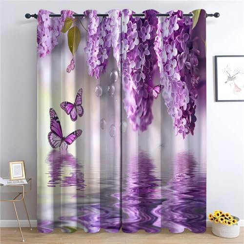 Blackout Curtains Set 132x72 in for Bedroom Living Room, Dreamy Butterfly Lilac Curtains with Grommet Thermal Insulated Noise Reduction, Soft Polyester Purple Curtains