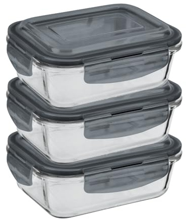 HOMESHOPA Airtight Glass Food Storage Container, 1100ml, 3 Pack BPA-Free & Leak Proof Silicone Seal Plastic Lids, Glass Meal Prep Takeaway Lunch Boxes