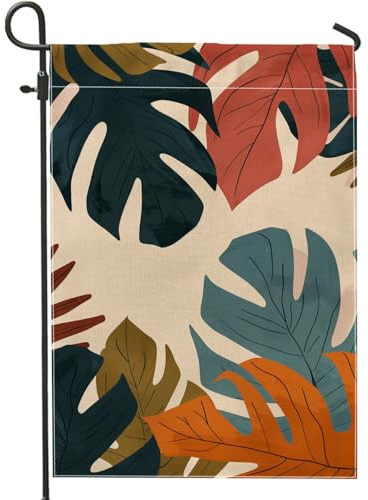 Drapeau de jardin à feuilles de Monstera d'automne - Tons terreux - Décoration botanique de cour - Double face - Toile de jute saisonnière - Décoration extérieure de Thanksgiving - 30,5 x 45,7 cm