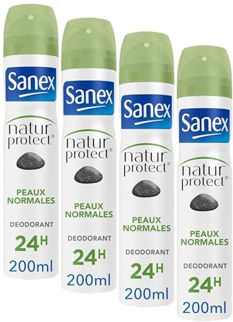 SANEX - Spray Déodorant Natur Protect Peaux Normales - Déodorant pour Homme et Femme à la Pierre d'Alun - Efficacité 24 h - Sans Alcool, Sans Colorants - 200 ml (Lot de 4)