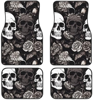 Schwarze Fußmatte mit Totenkopf-Motiv, 4-teilig, rutschfeste Gummi-Fußmatten für die meisten Autos, SUVs, LKWs, universelles komplettes Set