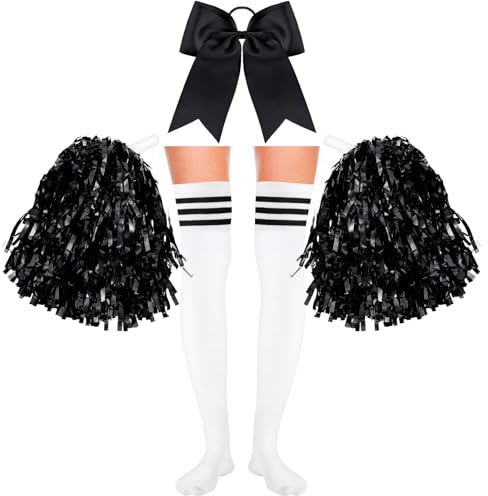 Boyiee 4 Stück Cheerleader Kostüm Set für Karneval Sport | 2 Cheerleader Pompons Handblumen, 1 Schleife Haarbänder, 1 Paar Strümpfe, Cheerleader Outfit, Faschingskostüme
