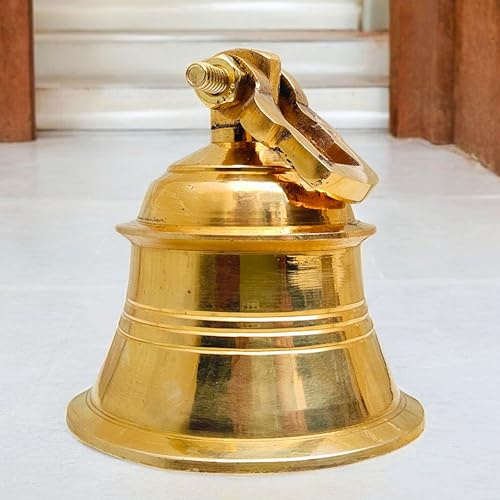 Solid Brass Hanging Temple Bell 5 inch – Antique Ship Ghanti for Home Mandir, Puja, Wall Decor, School, Reception, Dinner Bell – Vintage Indian Brass Bell (490g) for Door or Temple Use