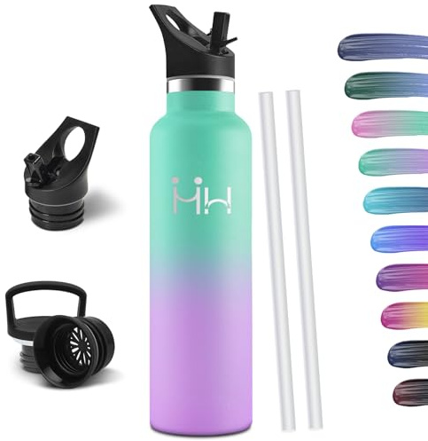 HoneyHolly Trinkflasche 1L, BPA-Frei, Trinkflasche Edelstahl, Thermosflasche, Auslaufsichere Isolierflasche Doppelwandig, Wasserflasche, Thermoskanne, mit Strohhalm, Thermoskanne Kohlensäure Geeignet