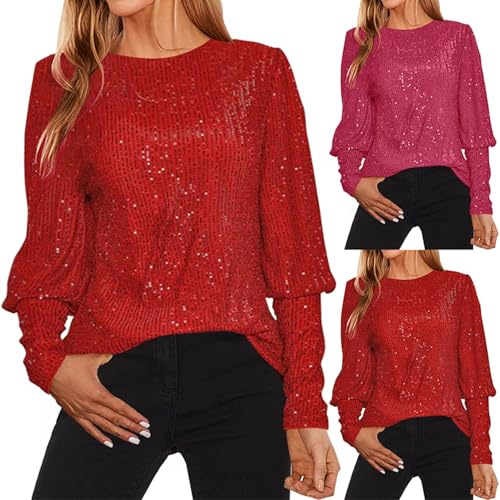 IQYU Blusas festivas para mujer para bodas tallas grandes tops brillantes fiesta rojo lentejuelas top manga larga blusa con volantes elegante mujer blusas brillantes sexy traje de Año Nuevo túnica