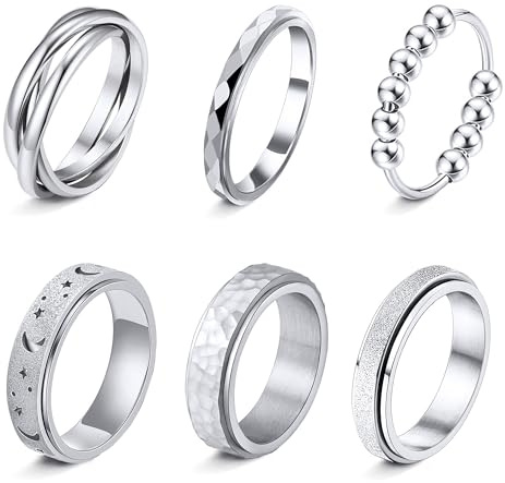LOFITOR Anti-ångest-ringar, 6 stycken spinner-ringar, fidget-band-ringar för stress- och ångestlindring, för kvinnor och män, av rostfritt stål roller-ringset, CZ, måne och stjärna, guld-/silverfärg