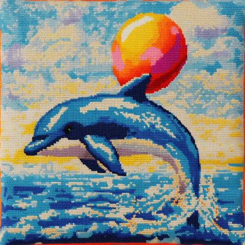 RKFLGEW DIY Knüpfkissen Mit Vordruck Cartoon-Delfin-Tier Kits Zur Herstellung Von Kissenbezügen，Statement-Teppich，DIY Knüpfhaken-Kits Für Ein Starterprojekt 43x43cm