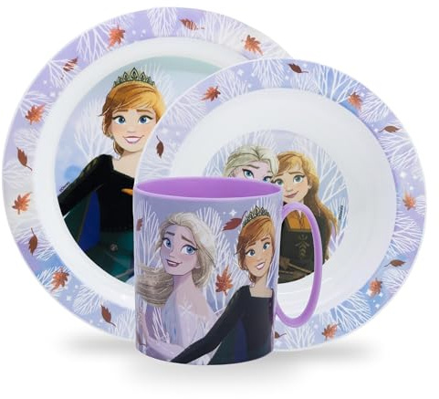 Sorrisini Vajilla Infantil Reutilizable Apta Para Microondas Frozen, Juego de Platos Irrompibles de Plástico Para Niños, Plato, Cuenco Para Cereal, Taza 350ml, sin BPA, Elsa-Anna