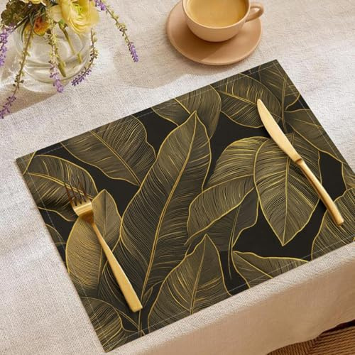 4 Pezzi Sottopiatti Oro Foglie Elegante Lusso, Tovagliette Lavabili, 30 x 45 cm Tovagliette Rettangolari Stampate in Lino, Adatto a cucina, soggiorno, sala da pranzo, bar