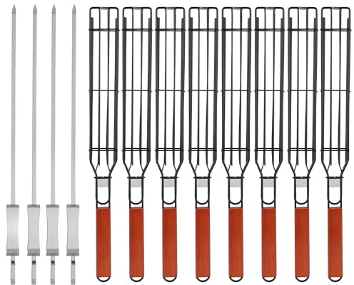 IRSTBL – Kebab Grill Basket Set – 8 Non-Stick BBQ Baskets with Wooden Handles & 4 Steel Skewers – Reusable Grilling Tools for Meat, Veg, Fish – 43cm