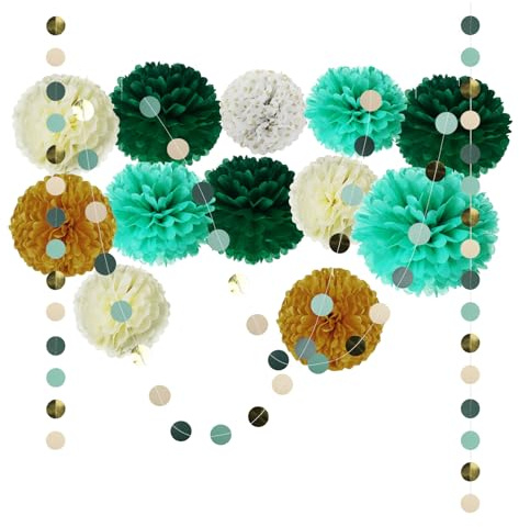 Set di 15 Pompons Decorativi – Pompon Verde Foresta e Festoni a Cerchio, fiori di carta per decorazioni, decorazioni compleanno, Ideale per addobbi compleanno, Gioventù, Matrimoni, Feste di Bambini