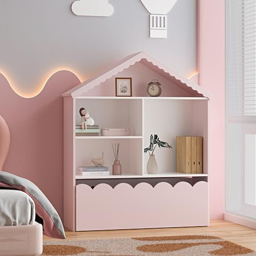 [en.casa] Kinder Bücherregal Vestnes Kinderregal in Hausoptik Spielzeug Aufbewahrung mit Schublade 114 x 91 x 30 cm Cotton Candy/Weiß