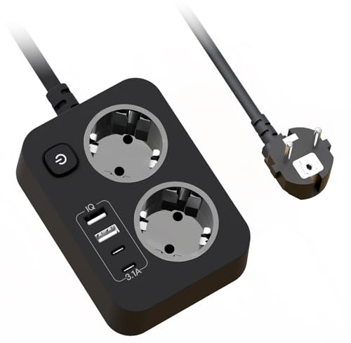 Multiprise avec USB,2 Prises Rallonge Electrique Multiprise Plate Murale avec Interrupteur,Portable Bloc Prise Multiple avec Protection Surtension et Cable 1.8m pour Bureau Maison Voyage, Noir