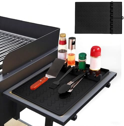 2-Pack Silicone Griddle Tools Mat, 3-in-1 Heat-Resistant BBQ Caddy Mat with Drip Pad & Spatula Holder, Non-Slip Side Shelf Mat for Outdoor Grill, Food Grade BBQ Utensils Organiser (Black)