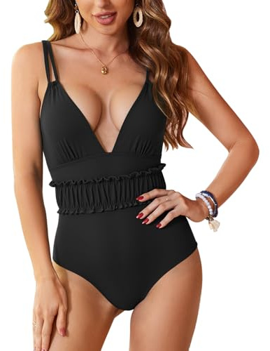 OUSIMEN Costume da bagno intero da donna con scollo a V, con volant, doppia cinghia, controllo della pancia, costume da bagno, Nero , XL