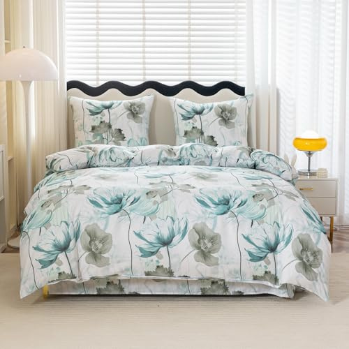 FEBE Bettwäsche Gemalte Blumen Bettbezug-Set 135x200 + Kissenbezug 2 Teilig mit Reißveschluss